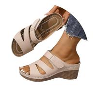 Generisch Ciabatte da donna con suola rotonda spessa, punta cava, chiusura a clip e tacco obliquo, scarpe da donna per artrosi al ginocchio, beige., 41 EU