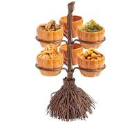 Generisch Ciotola per caramelle di Halloween - Ciotola di zucca in resina su supporto per scopa, supporto per cupcake per feste di Halloween, sollevatore da cucina decorativo e display