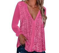 Generisch Collo ombelico Sexy Pieghe Top Casual Colore Scollo A V Camicetta Donna Manica Lunga Paillettes Donna Camicetta Corto Top, rosa intenso, XL