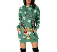 Generisch Comodo abito da donna in stile con stampa "Merry Christmas" a maniche lunghe con cappuccio abiti midi con tasche per donne attente allo stile, verde, M