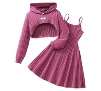 Generisch Completo a cipolla 2026 con cappuccio, gonna plissettata per l'inverno, set da due pezzi, maglia a costine a maniche lunghe con spalline, Colore: rosa., 10-11 Jahre