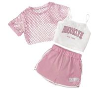 Generisch - Completo da 3 pezzi senza maniche con lettere in rete, maglietta a maniche corte, pantaloncini casual per bambini, vita quotidiana, scuola, campeggio, attività all'aperto, vita