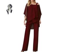 Generisch Completo Elegante Da Donna in Chiffon: Top a Strati E Pantaloni a Gamba Larga; Tailleur Con Top Dalle Maniche Pipistrello(Red,3XL)
