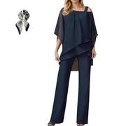 Generisch Completo Elegante Da Donna in Chiffon: Top a Strati E Pantaloni a Gamba Larga; Tailleur Con Top Dalle Maniche Pipistrello(Dark Blue,XL)