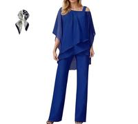 Generisch Completo Elegante Da Donna in Chiffon: Top a Strati E Pantaloni a Gamba Larga; Tailleur Con Top Dalle Maniche Pipistrello(Blue,S)