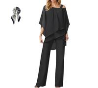 Generisch Completo Elegante Da Donna in Chiffon: Top a Strati E Pantaloni a Gamba Larga; Tailleur Con Top Dalle Maniche Pipistrello(Nero,3XL)