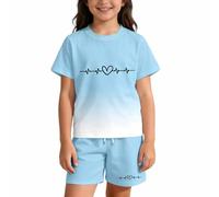 Generisch Completo estivo con gradiente di colore, stampa con lettere, per ragazzi e ragazze, casual, set da due pezzi, pantaloncini e top per le vacanze e la vita quotidiana, Celeste., 13-14 Anni