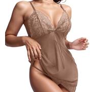 Generisch Completo lingerie da donna camicia da notte con spalline in rete trasparente e accappatoio da donna lingerie schiena scoperta, Brick rosso, A