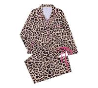 Generisch Con motivo floreale leopardato, camicia a maniche lunghe, pantaloni con bottoni, comoda biancheria da notte per piacevoli notti relax a casa, cachi, M