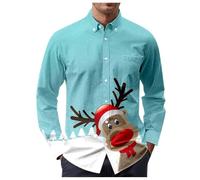 Generisch Confine di Natale Plus Size Uomini Spalla Stampa Business Slim Uomo Manica Lunga Camicia Moda, Azzurro, S