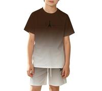 Generisch Cooles Outfit aus atmungsaktive Mesh-Tshirt und Shorts mit Farbgradiente und Stadtmotiv für Jungen und Mädchen, caffè, 11-12 Jahre