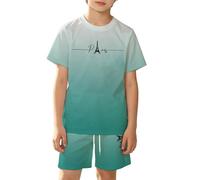 Generisch Cooles Outfit aus atmungsaktive Mesh-Tshirt und Shorts mit Farbgradiente und Stadtmotiv für Jungen und Mädchen, verde, 3-4 Jahre