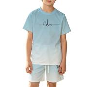 Generisch Cooles Outfit aus atmungsaktive Mesh-Tshirt und Shorts mit Farbgradiente und Stadtmotiv für Jungen und Mädchen, Azzurro, 3-4 Jahre