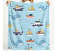 Generisch Coperta in pile di flanella, morbida e resistente, 150 cm x 180 cm, con motivo nautico, balena, onde, storia, coperta termica per soggiorno, per tutte le stagioni