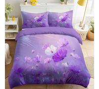 Generisch Copripiumino 200 x 220 cm, dipinto ad olio romantico naturale campo floreale sognatore mare fiorito per camera da letto delle ragazze, set copripiumino viola morbido e facile da pulire con 2