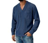 Generisch Cord Maglione da uomo con scollo a V, a maniche lunghe, in tinta unita, per il tempo libero, casual, da spiaggia, con tasca sul petto, Blu mare, 3XL