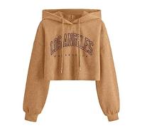 Generisch Cordoncino slitta Donne Moda Lettera Stampa Con Felpa Bottone Split Orlo Manica Lunga Cappuccio Crop Top Corvo Maglione Vendita Fabbrica, cachi, S