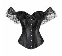 Generisch Corsetto da donna elegante tinta unita Corsetto Top Lace Up Volant Trim Vintage Corsetto senza spalle Chiusura anteriore petto intero Corsetto con lacci per la pancia, A nero, XL