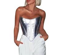 Generisch Corsetto da donna, senza spalline, con lacci, senza, scollo a cuore, body shaper, bustino, sexy crop top casa tuta donna, argento, M