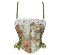 Generisch Corsetto da donna, vintage, con stampa floreale, corsetto retrò, con lacci, senza pancia, crop top da donna medievale, reggiseno push up, verde, L