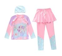Generisch Costume da bagno a maniche lunghe in due pezzi con top Rashguard abbinato, protezione UPF 50 per le vacanze al mare, set elastico per bambini dai 3 ai 10 anni, Rosa chiaro 1, 3-4 Anni