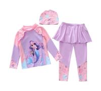 Generisch Costume da bagno a maniche lunghe in due pezzi con top Rashguard abbinato, protezione UPF 50 per le vacanze al mare, set elastico per bambini dai 3 ai 10 anni, Lilla 1, 5-6 Anni