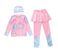 Generisch Costume da bagno a maniche lunghe in due pezzi con top Rashguard abbinato, protezione UPF 50 per le vacanze al mare, set elastico per bambini dai 3 ai 10 anni, Rosa chiaro 2, 9-10 Anni