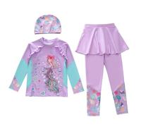 Generisch Costume da bagno a maniche lunghe in due pezzi con top Rashguard abbinato, protezione UPF 50 per le vacanze al mare, set elastico per bambini dai 3 ai 10 anni, Viola chiaro 1, 9-10 Anni