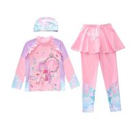 Generisch Costume da bagno a maniche lunghe in due pezzi con top Rashguard abbinato, protezione UPF 50 per le vacanze al mare, set elastico per bambini dai 3 ai 10 anni, Rosa2, 9-10 Anni