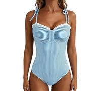 Generisch Costume da bagno a righe con stampa, monokini da donna in vacanza, moda estiva da spiaggia con vestibilità monopezzo, motivo a strisce decorative, ideale da abbinare con cappello da sole e