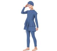 Generisch Costume da bagno alla moda in 3 pezzi Burkini per ragazze completamente coprente con hijab abbinato come protezione solare da spiaggia, Blu, 11-12 Anni