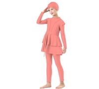 Generisch Costume da bagno alla moda in 3 pezzi Burkini per ragazze completamente coprente con hijab abbinato come protezione solare da spiaggia, Rosso anguria., 3-4 Anni