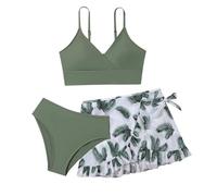 Generisch Costume da bagno da bambina, 3 pezzi, grazioso bikini con motivo floreale e gonna, costume da bagno per bambini, abbigliamento per bambini, verde militare, 16-17 Jahre