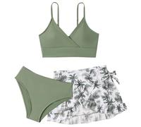 Generisch Costume da bagno da bambina, 3 pezzi, grazioso bikini con motivo floreale e gonna, costume da bagno per bambini, abbigliamento per bambini, verde, 12-13 Anni