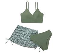 Generisch Costume da bagno da bambina, 3 pezzi, grazioso bikini con motivo floreale e gonna, costume da bagno per bambini, abbigliamento per bambini, verde, 13-14 Anni