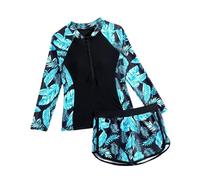 Generisch Costume da bagno da bambina a maniche lunghe Rash Guard con pantaloni corti UPF 50+ per bambini, per vacanze in spiaggia, avventure in piscina, divertimento in estate, Blu marino, 9-10 Anni
