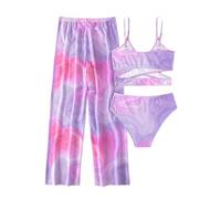 Generisch Costume da bagno da bambina in tre pezzi con allacciatura al collo, pantaloncini e pantaloni lunghi, design stampato colorato con elastico in vita, tessuto comodo per le spensierate giornate
