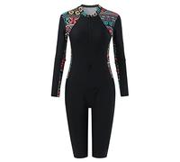 Generisch Costume da bagno da donna a maniche lunghe con linee di contrasto, design boyshort boccaglio, costume da surf sportivo rashguard, Nero , L
