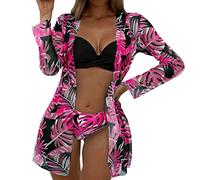 Generisch Costume da bagno da donna a maniche lunghe, con push up, 3 pezzi, abbigliamento da spiaggia per il 2024, l, L