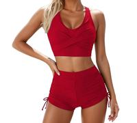 Generisch Costume da bagno da donna bikini pantaloncini da legare davanti a due pezzi costumi da bagno sportivi a vita alta per il tempo libero tuta sportiva tuta tuta tracksuit, Colore: rosso, S