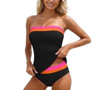 Generisch Costume da bagno da donna con controllo della pancia, tinta unita, senza spalline, set tankini, costume da bagno in due pezzi, per il tempo libero, Nero, S