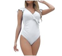Generisch Costume da bagno da donna con maniche a petali legate sul davanti, elegante bikini monokini per la spiaggia, bianco, XL