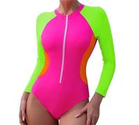 Generisch Costume da bagno da donna con maniche lunghe, imbottitura triangolare sul petto, cerniera e protezione solare abbinata, verde, XL