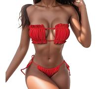 Generisch Costume da bagno da donna con push-up increspato e imbottito, costume da bagno con volant incantevole per spiaggia, vacanze, piscina, Colore: rosso, L