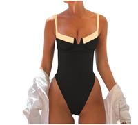 Generisch Costume da bagno da donna dal design high-cut con scollo a V, dettaglio a blocchi di colore per una più sottile, Nero , S