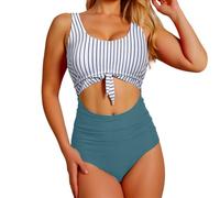 Generisch Costume da bagno da donna dimagrante con scollo a nodo con arricciature per un look elegante da spiaggia, Azzurro, XL