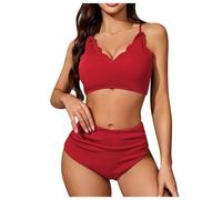Generisch Costume da bagno da donna sciancrato come bikini ondulato con design tankini con allacciatura posteriore per una perfetta moda da spiaggia, Colore: rosso, L