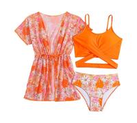 Generisch Costume da bagno da ragazza, con pantaloncini, bikini per bambini, in due pezzi, con volant, con triangolo stampato, Costume da bagno E1-arancione, 8-9 Anni