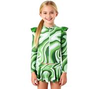 Generisch Costume da bagno in due pezzi per bambina con maniche lunghe, volant sulle spalle - protezione solare e gonna bikini 98 ragazze, verde, 6-8 anni