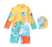 Generisch Costume da bagno per bambini con cappello, a maniche corte, con cerniera e bottoni automatici, Aa-giallo, 5-6 Anni